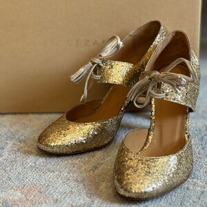 NIB Sezane Flavia Glitter Gold Heels